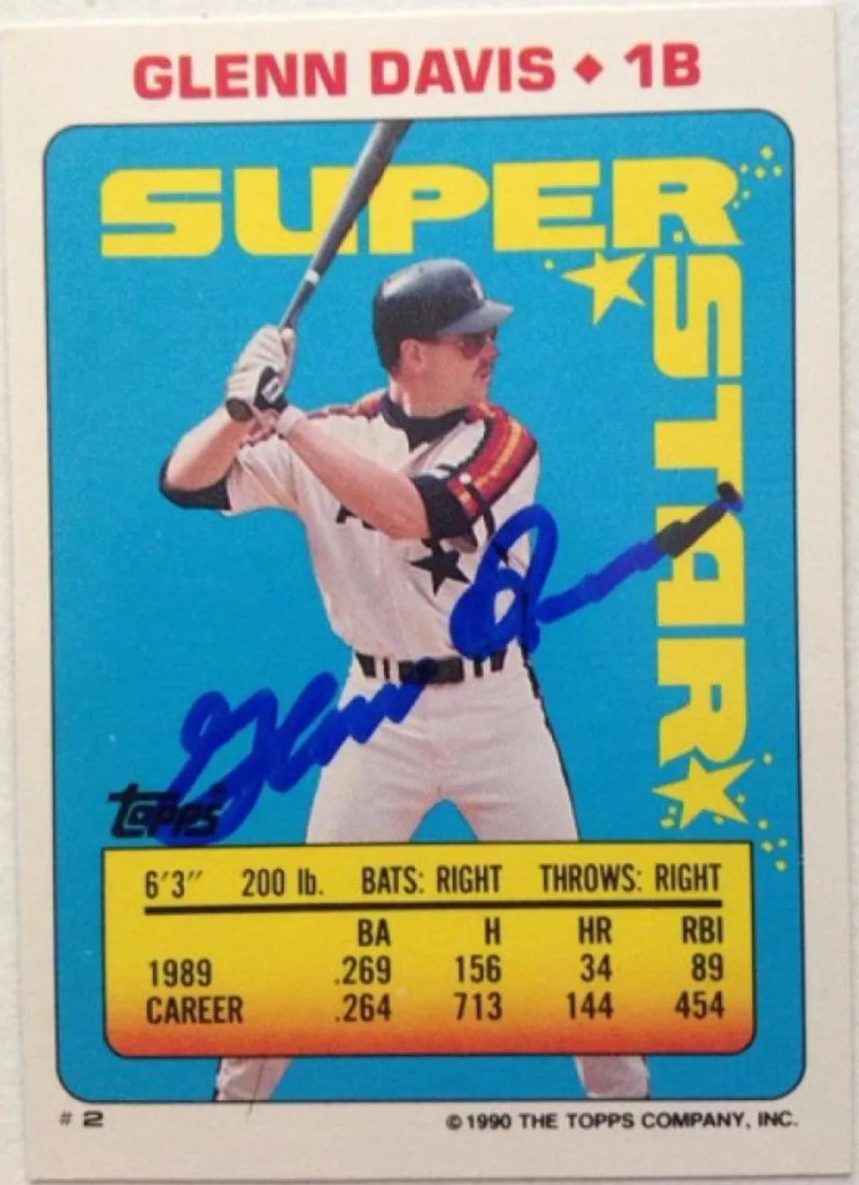 グレン・デイビス サイン入り 1990 Topps ステッカー スーパースター バックス ベースボール カード - ヒューストン アストロズ