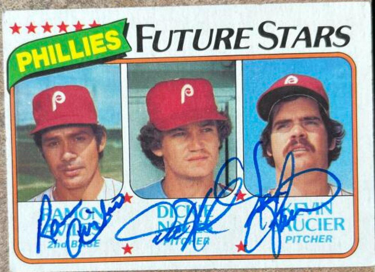 ラモン・アヴィレス、ディッキー・ノールズ、ケビン・ソーシエ マルチサイン入り 1980 トップス ベースボール カード - フィラデルフィア フィリーズ