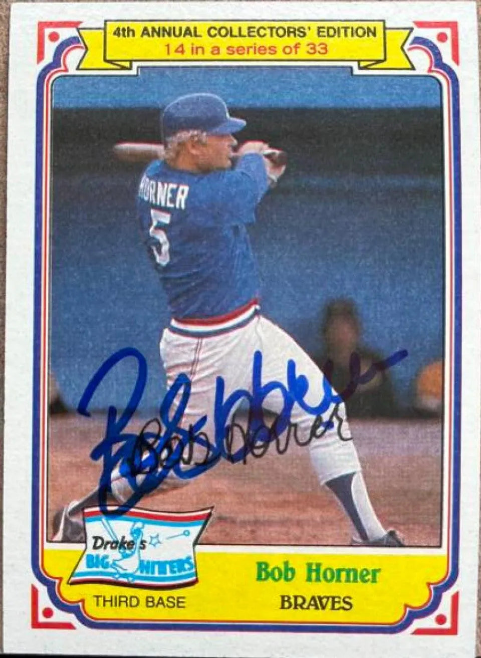 Bob Horner Signed 1984 Topps Drake's Big Hitters Baseball Card - Atlanta Braves