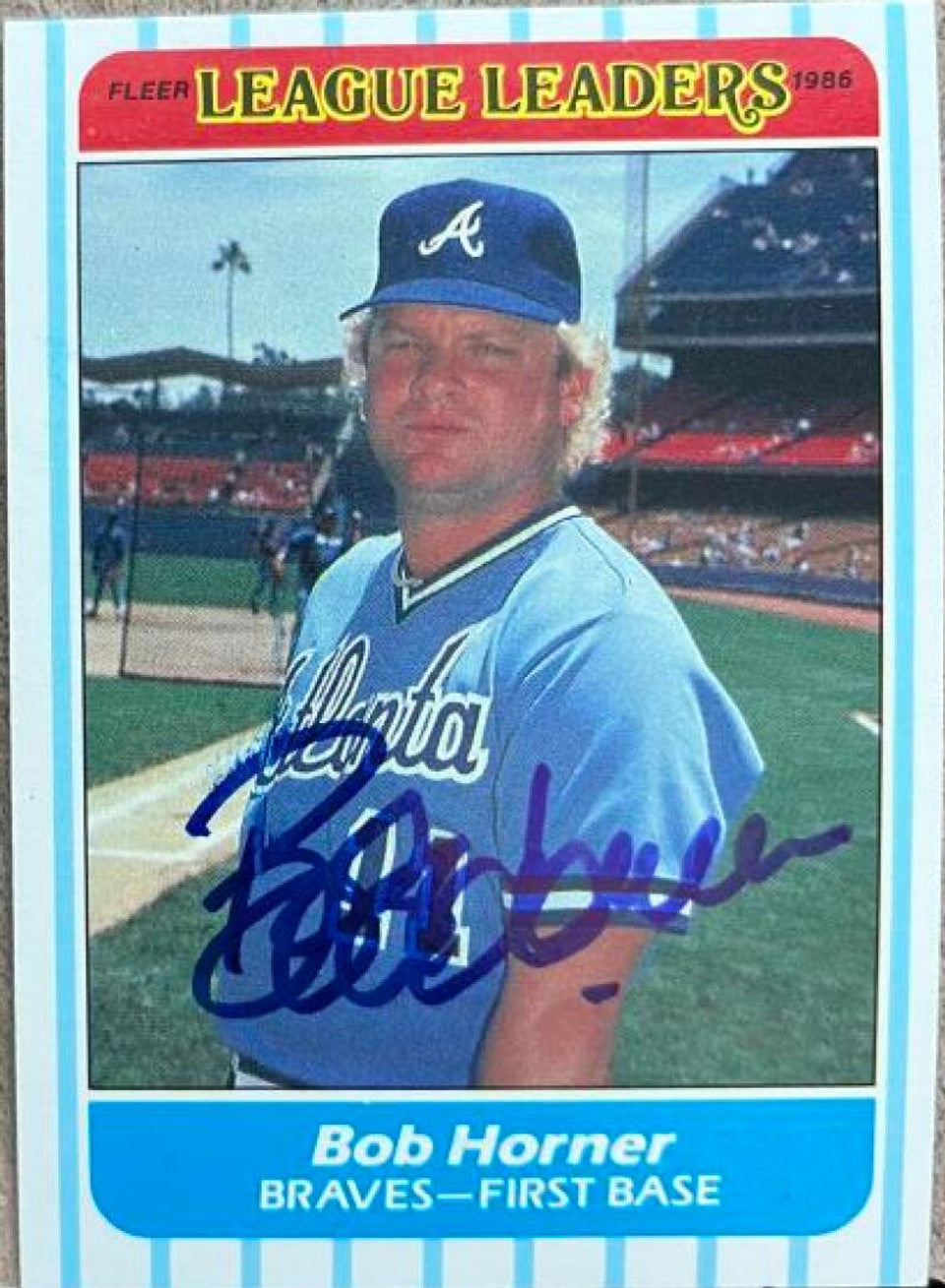 Bob Horner Signed 1986 Fleer League Leaders Baseball Card - Atlanta Braves