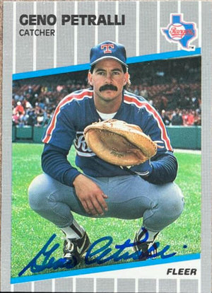 Geno Petralli Signed 1989 Fleer Glossy Baseball Card - Texas Rangers
