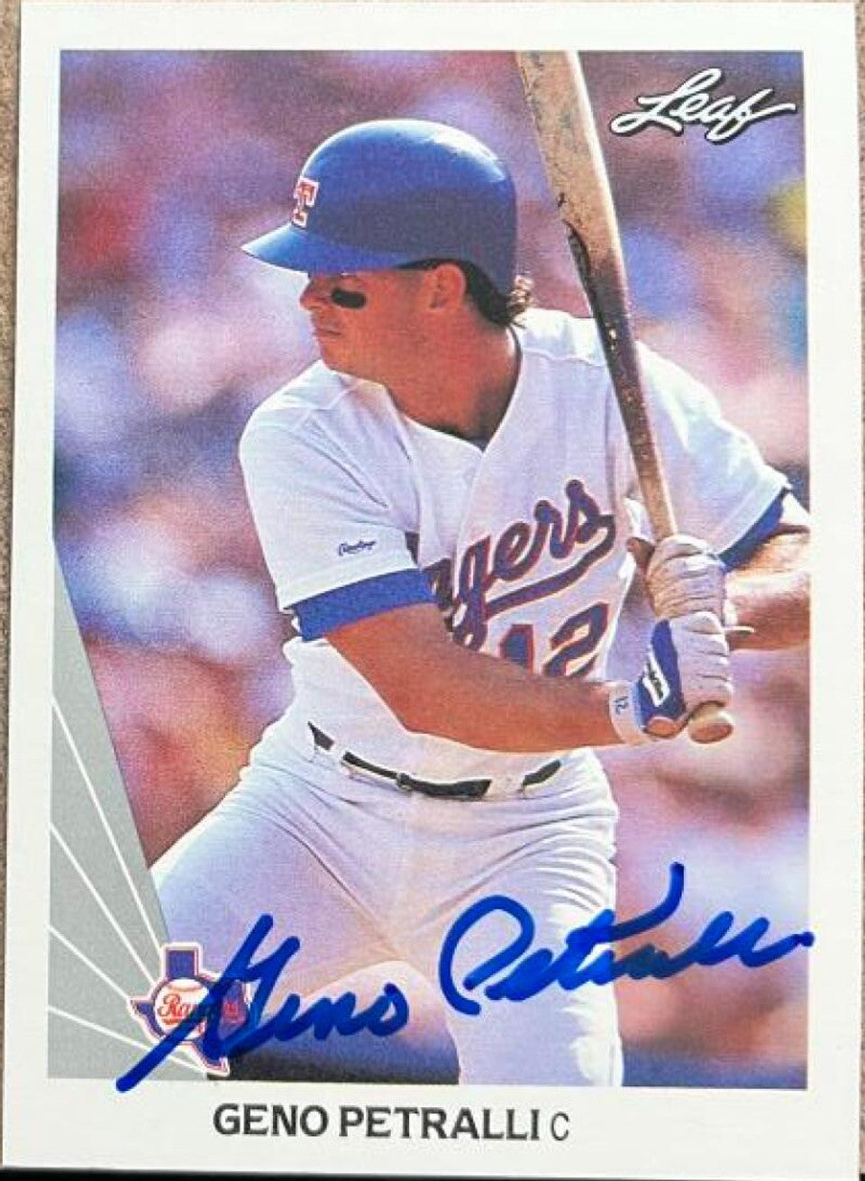 Geno Petralli Signed 1990 Leaf Baseball Card - Texas Rangers