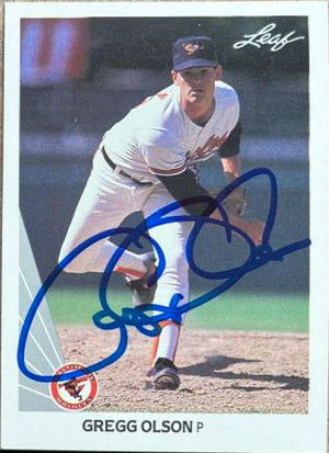 Gregg Olson Signed 1990 Leaf Baseball Card - Baltimore Orioles