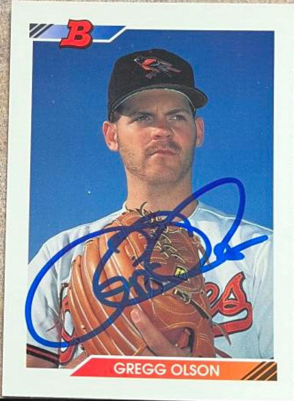 Gregg Olson Signed 1992 Bowman Baseball Card - Baltimore Orioles