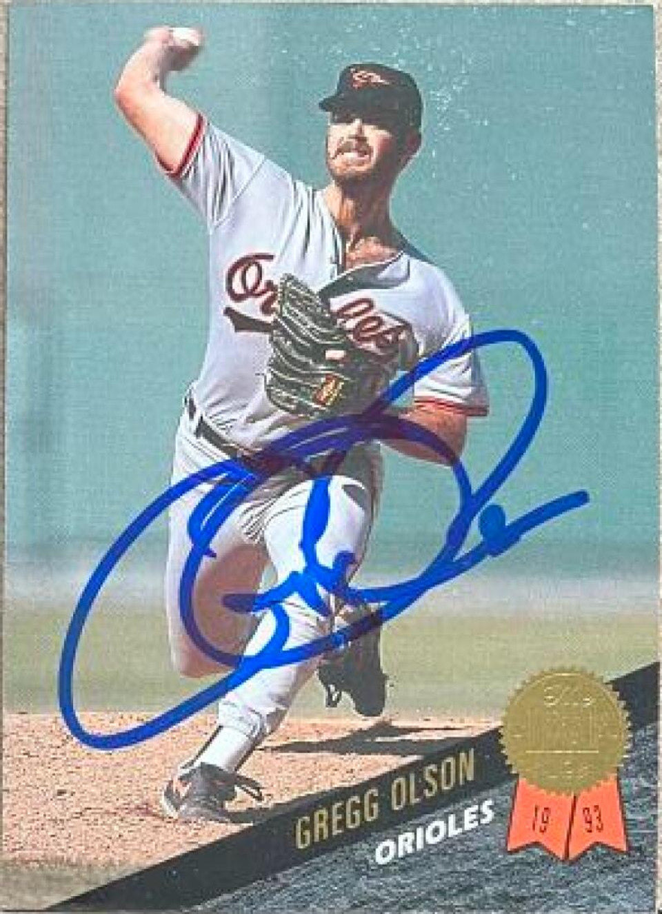 Gregg Olson Signed 1993 Leaf Baseball Card - Baltimore Orioles