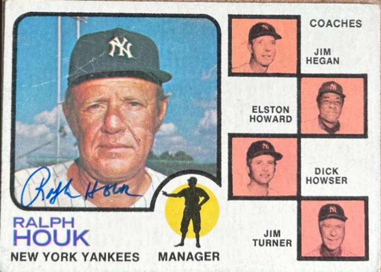 ラルフ・ハウク直筆サイン入り 1973 Topps ベースボールカード - ニューヨーク・ヤンキース