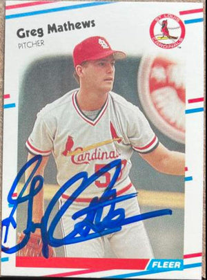Greg Mathews Signed 1988 Fleer Baseball Card - St Louis Cardinals