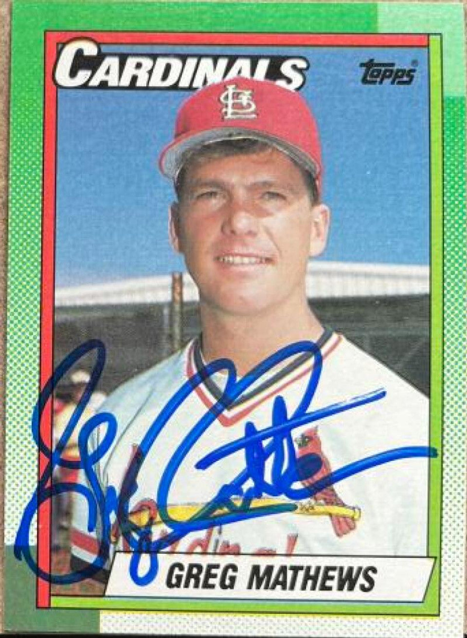Greg Mathews Signed 1990 Topps Baseball Card - St Louis Cardinals