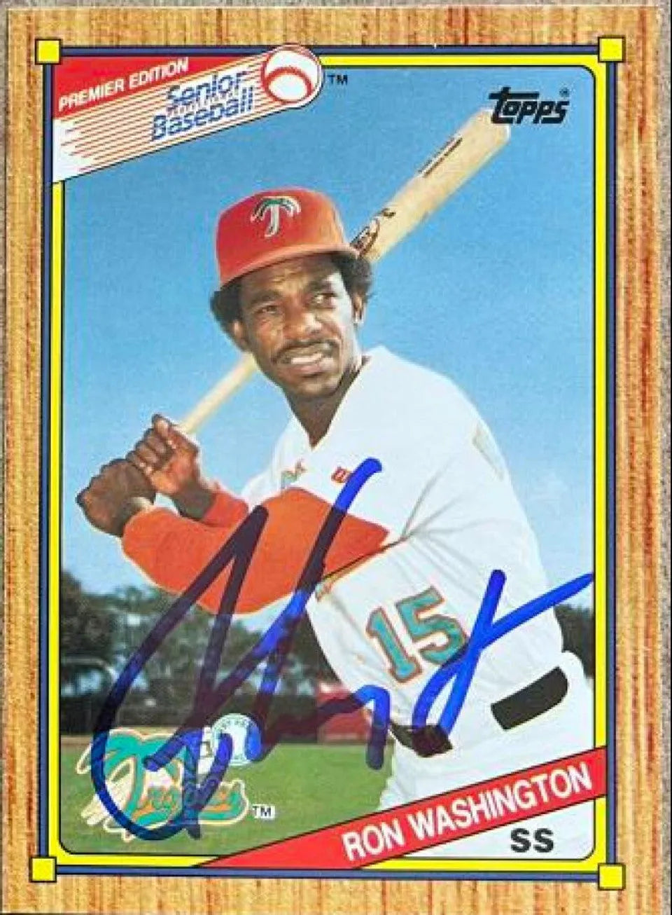 ロン・ワシントンのサイン入り 1989 Topps シニアリーグ ベースボールカード