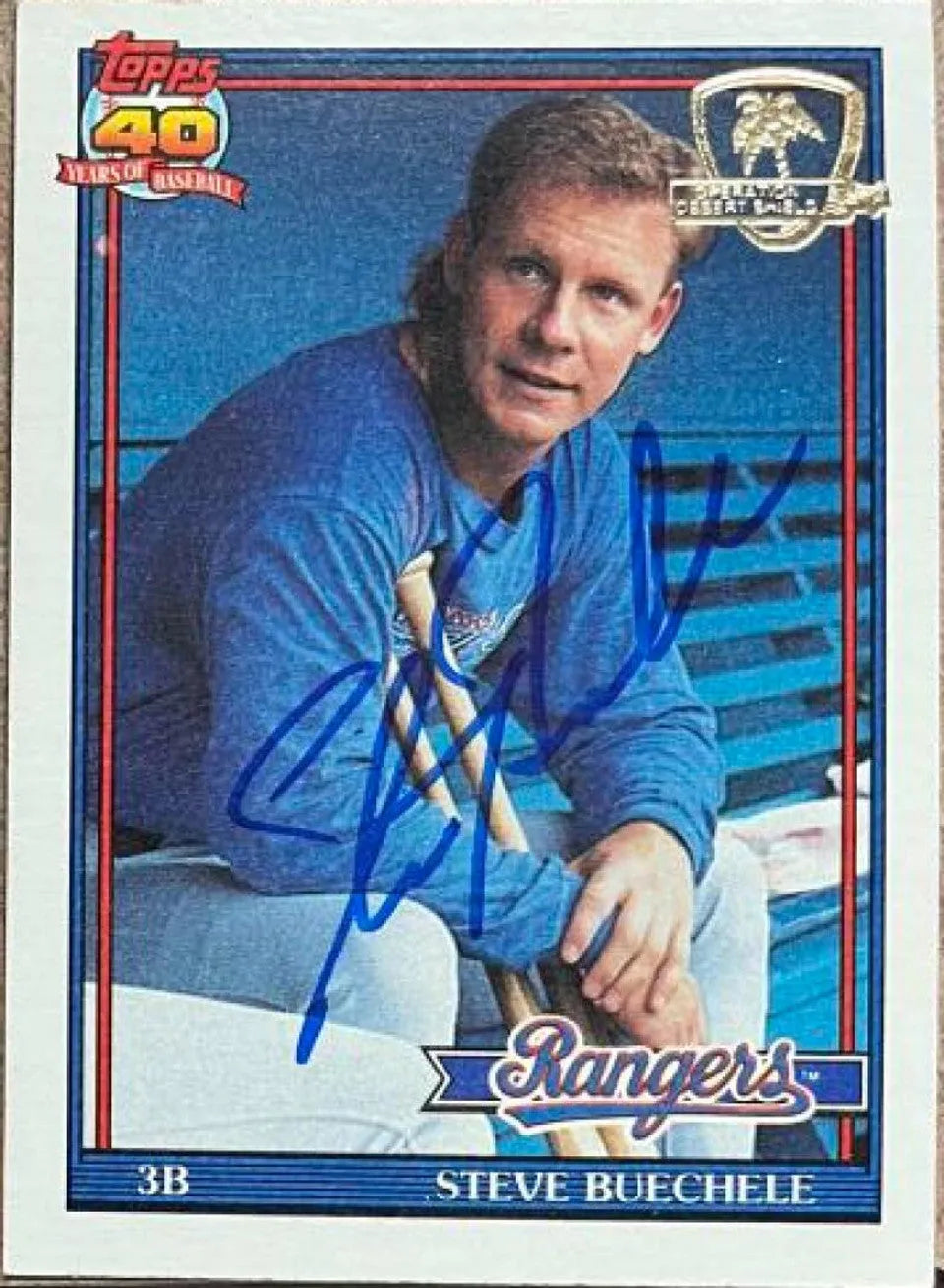 Steve Buechele Signed 1991 Topps Desert Shield Baseball Card - Texas Rangers