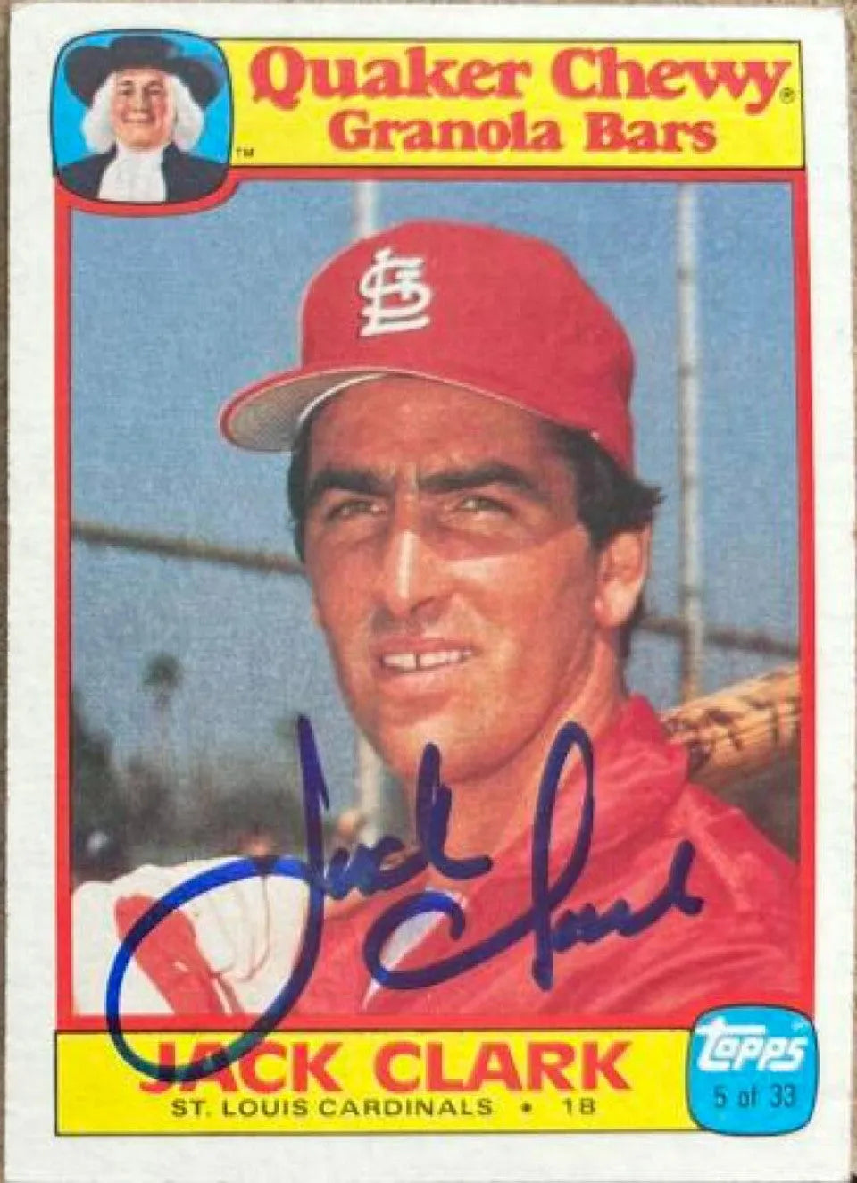 Jack Clark Signed 1986 Topps Quaker Granola Baseball Card - St Louis Cardinals