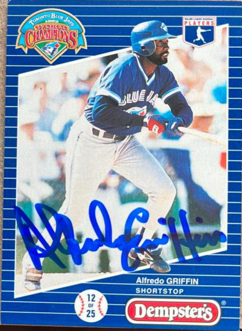 Alfredo Griffin Signed 1993 Dempster's Bread Baseball Card - Toronto Blue Jays