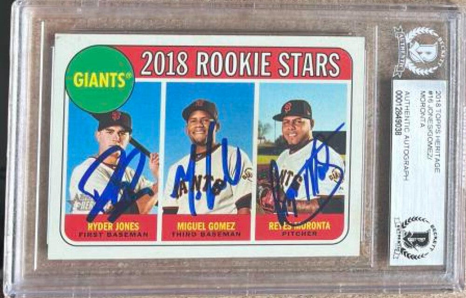 Ryder Jones, Miguel Gomez & Reyes Moronta Multi-Signed 2018 Topps Heritage Baseball Card - San Francisco Giants (Beckett Auth)