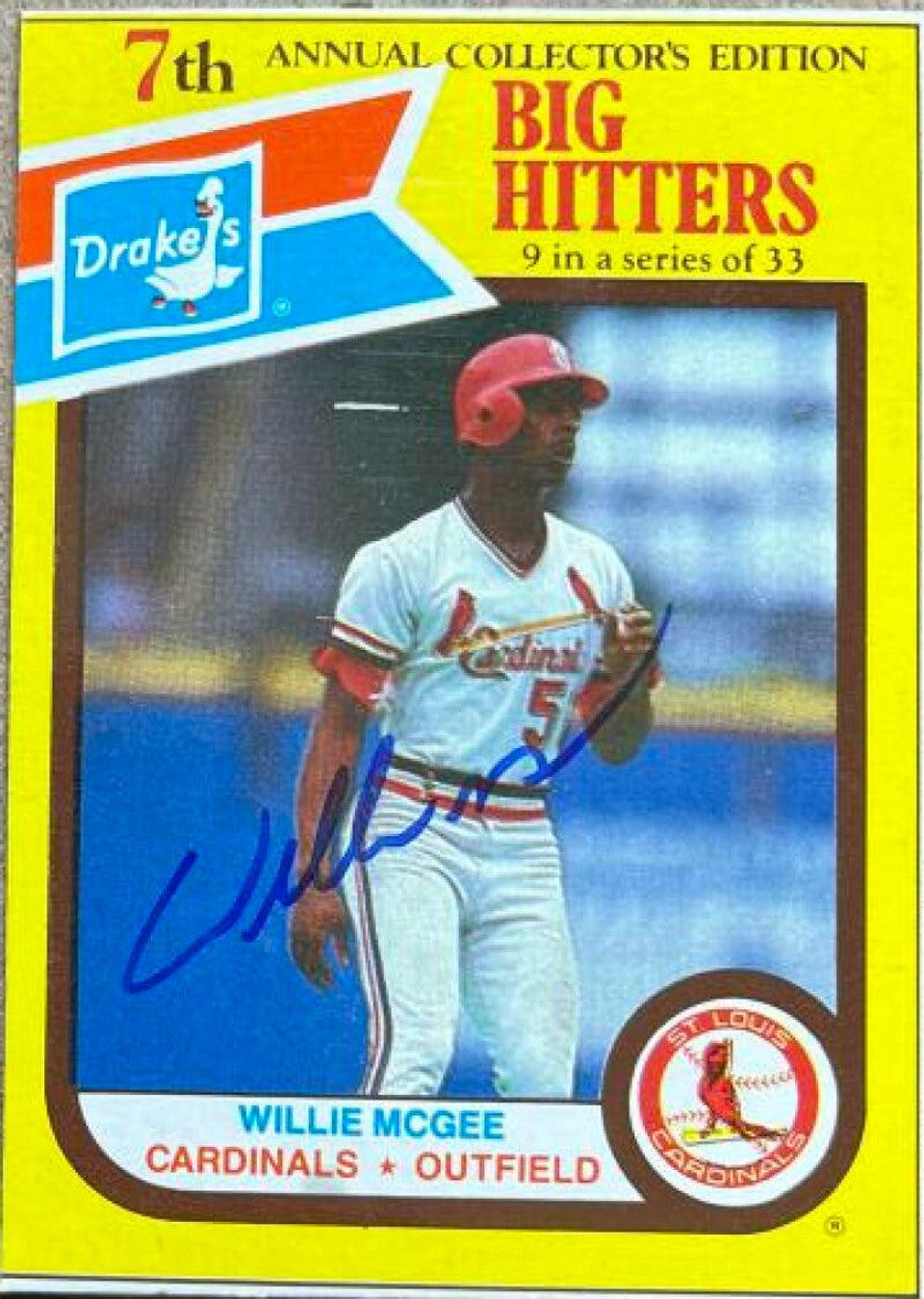 Willie McGee Signed 1987 Drake's Big Hitters Baseball Card - St Louis Cardinals