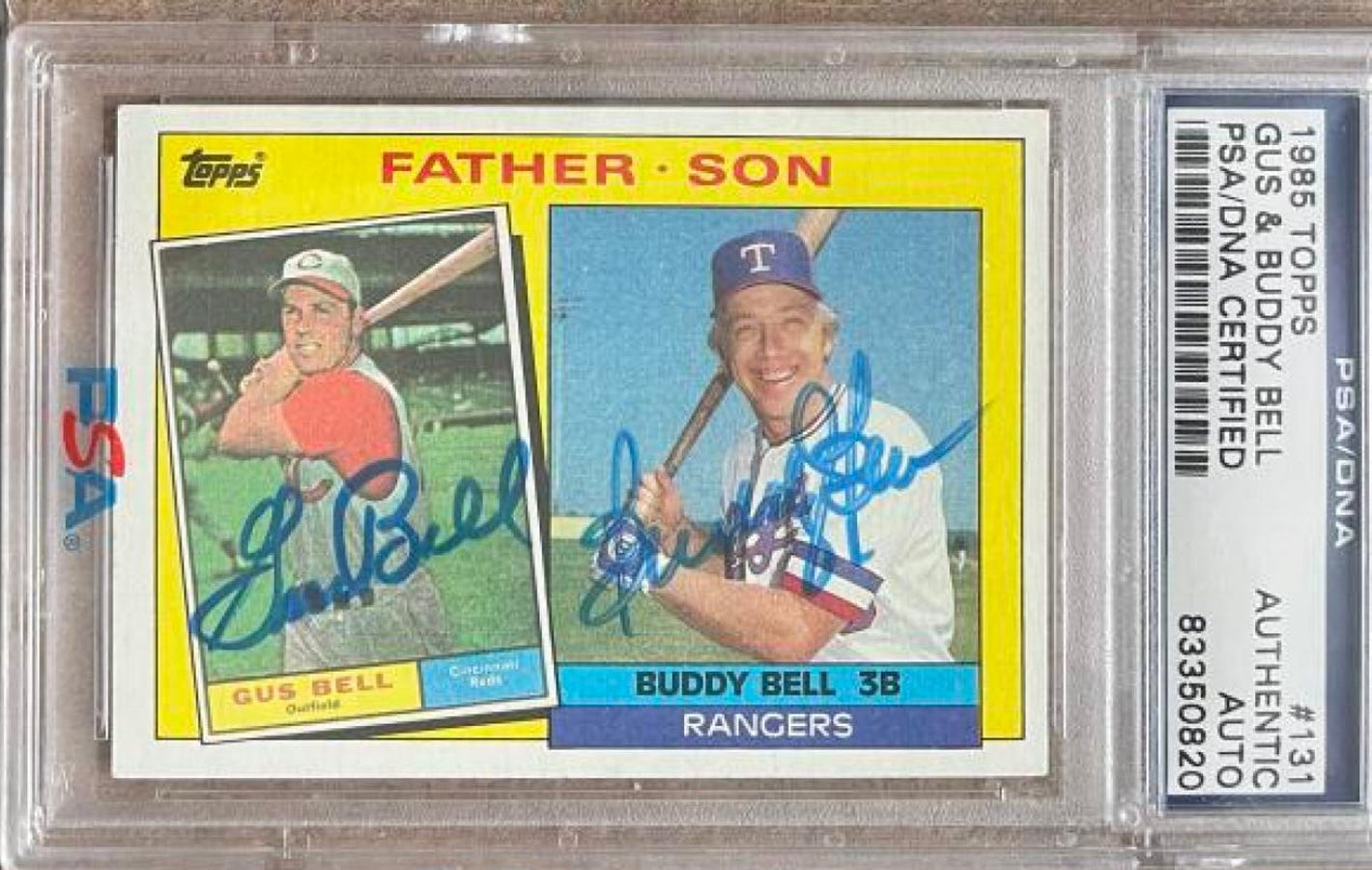 Gus & Buddy Bell Dual Signed 1985 Father & Son Topps Baseball Card - PSA/DNA Authentication