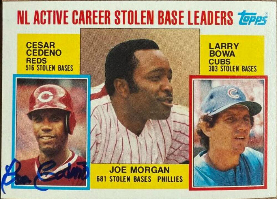 Cesar Cedeno Signed 1984 Topps Stolen Base Leaders Baseball Card - Cincinnati Reds
