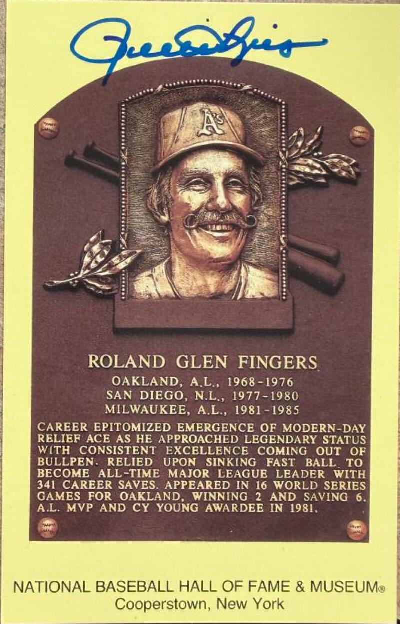 Rollie Fingers Autographed Hall of Fame Gold Plaque Post - Oakland Athletics