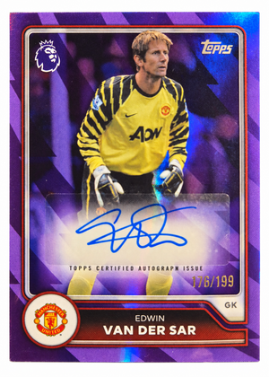 Edwin Van Der Sar Signed 2025-26 Topps Flagship Premier League Purple Soccer (Football) Card - Manchester United FC /199 #BA-EV