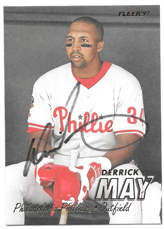 デリック・メイが署名した 1997 年のフリーア ベースボール カード - フィラデルフィア フィリーズ