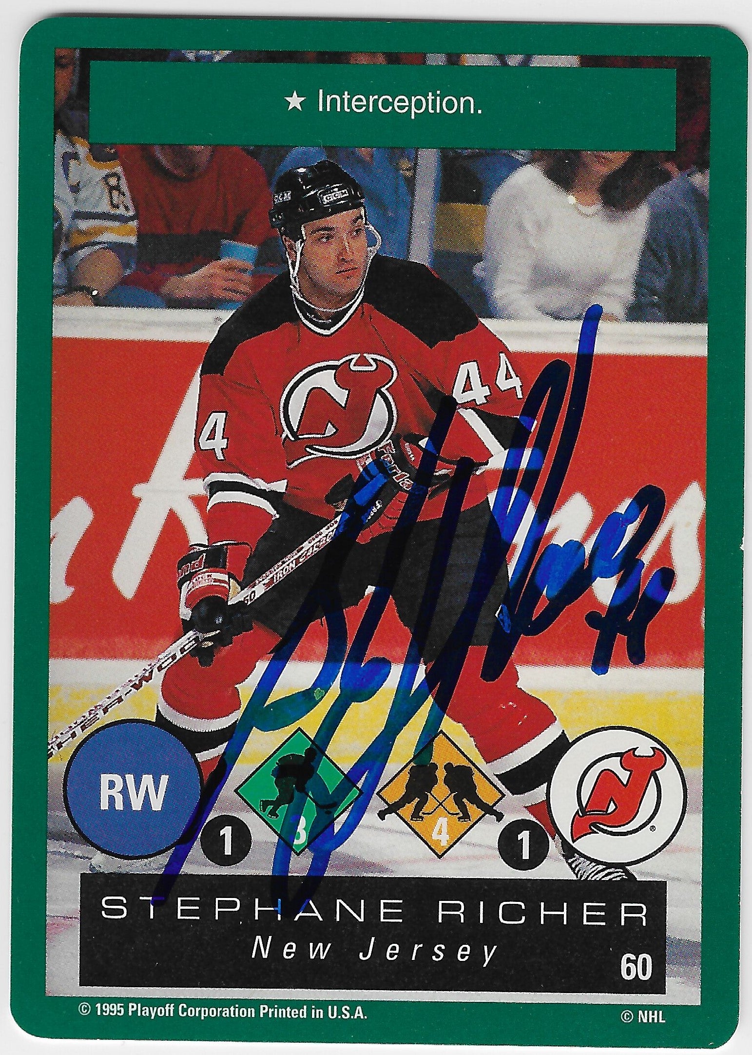 Stephane Richer Signed 1995-96 Playoff One-on-One Challenge Hockey Card - New Jersey Devils