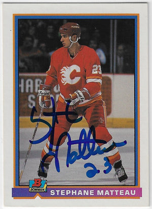 Stephane Matteau Signed 1991-92 Bowman Hockey Card - Calgary Flames