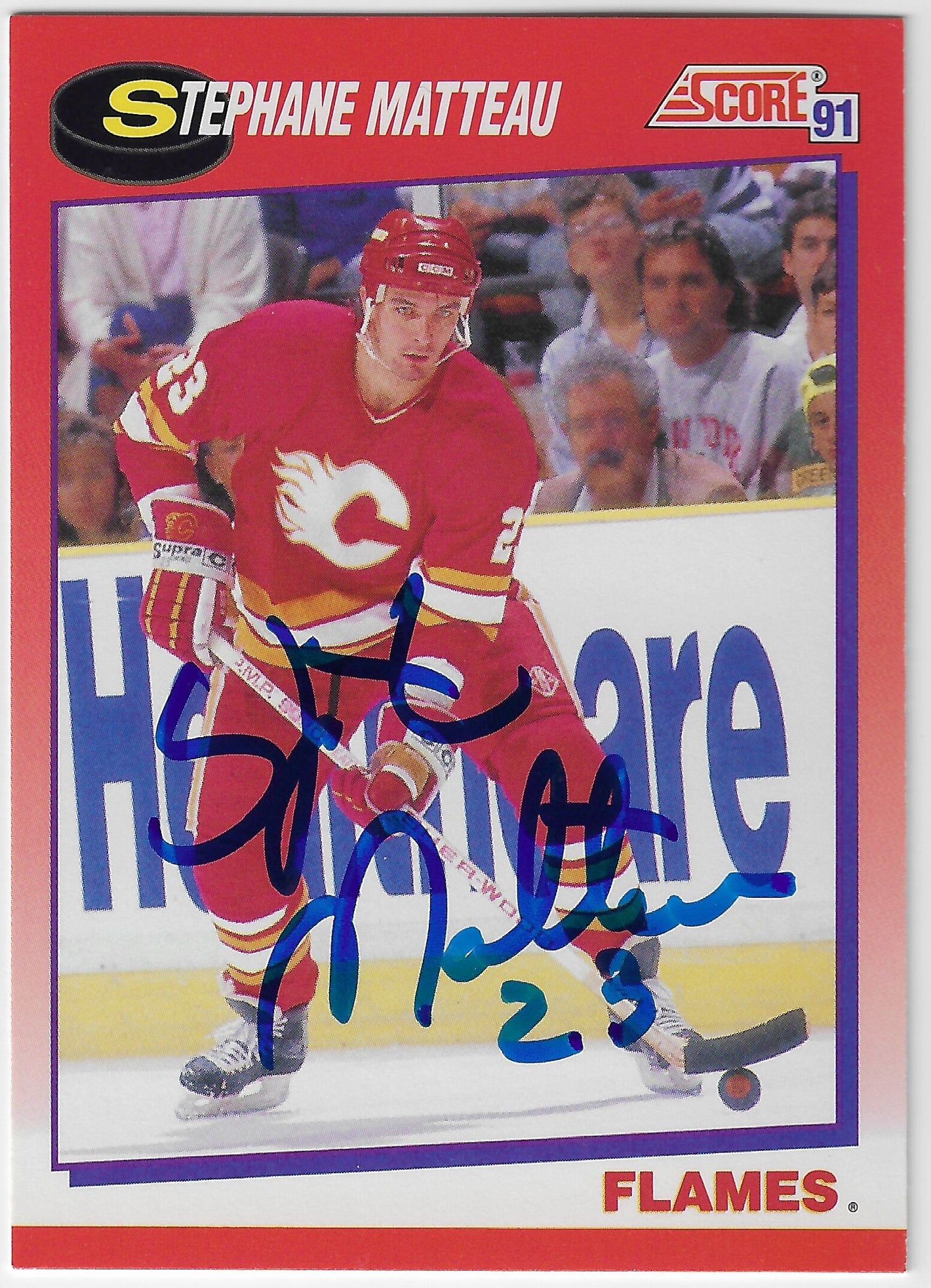 Stephane Matteau Signed 1991-92 Score Canadian Hockey Card - Calgary Flames