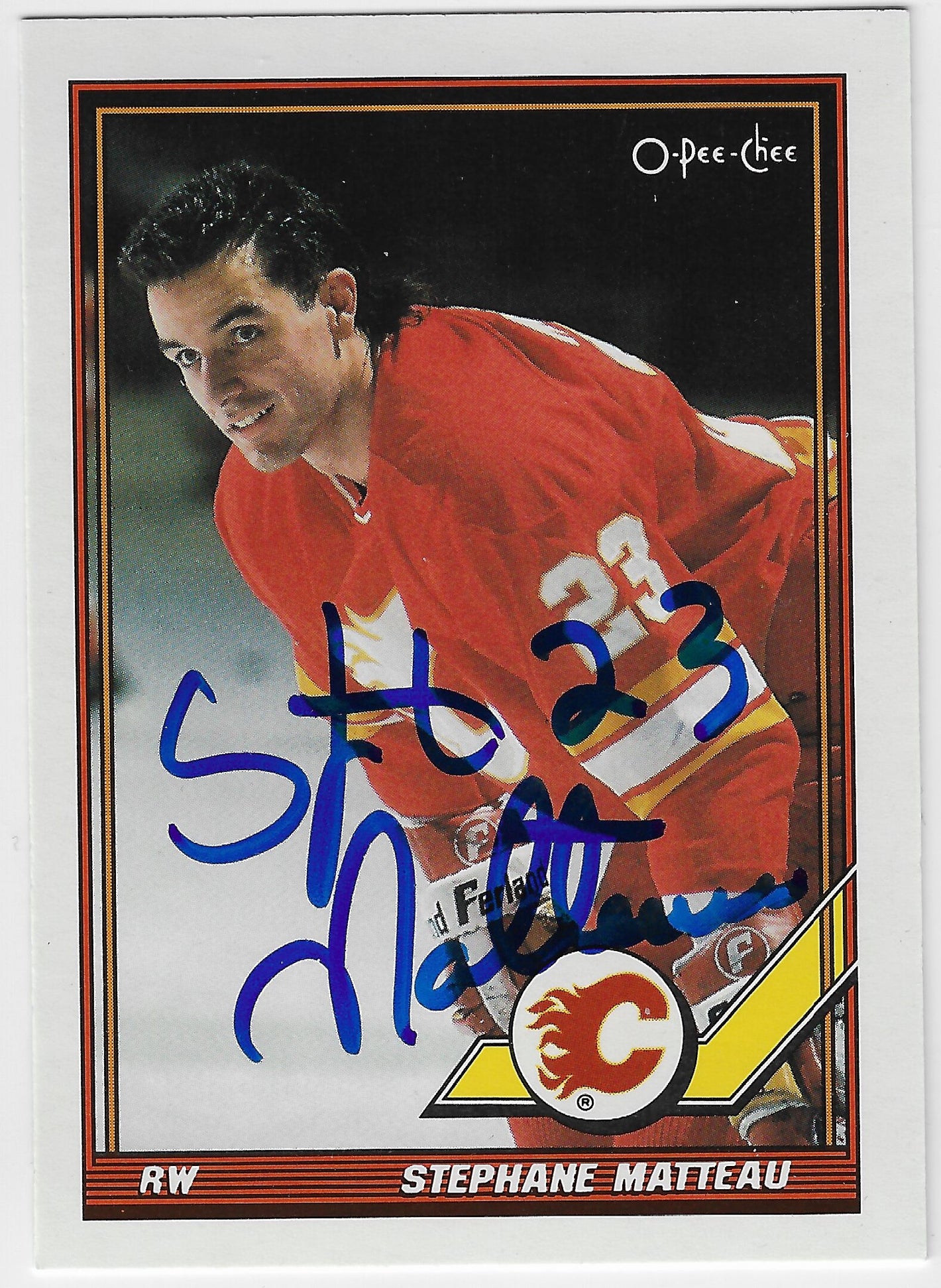 Stephane Matteau Signed 1991-92 O-Pee-Chee Hockey Card - Calgary Flames