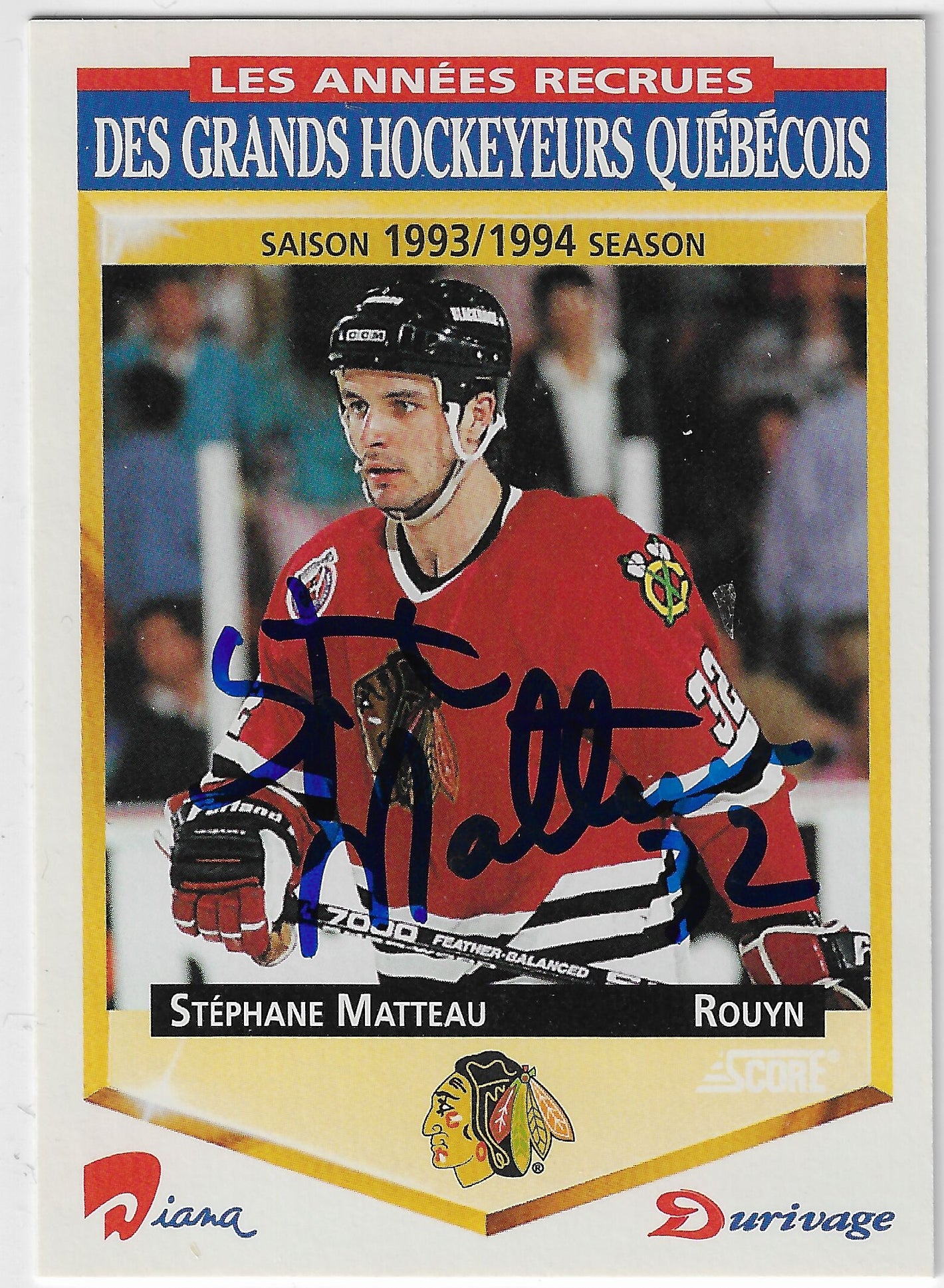 Stephane Matteau Signed 1993-94 Durivage Hockey Card - Chicago Blackhawks