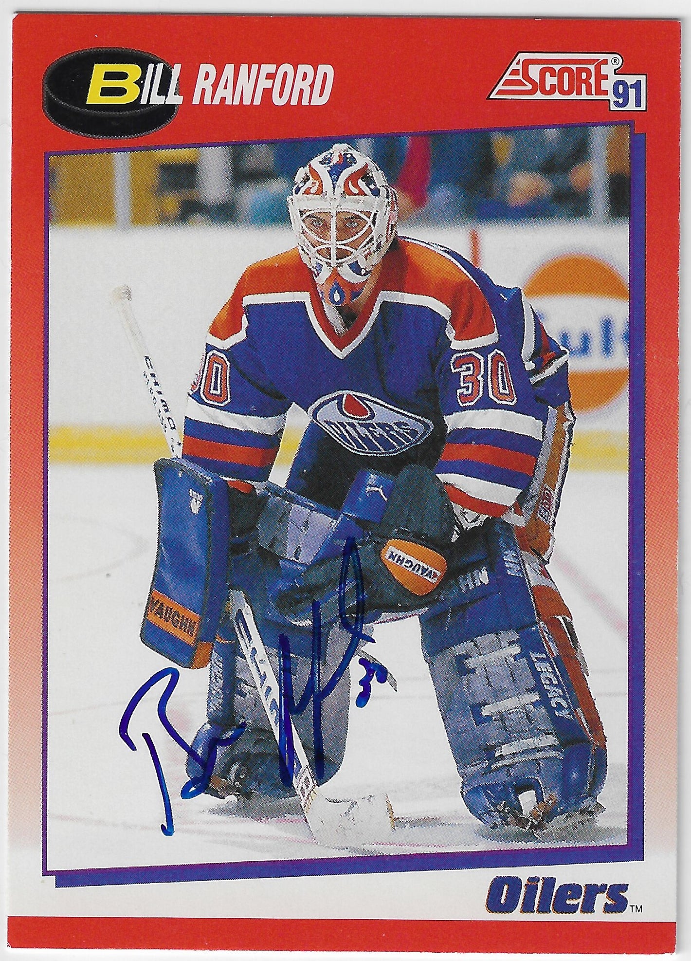 Bill Ranford Signed 1991-92 Score Canadian Hockey Card - Edmonton Oilers