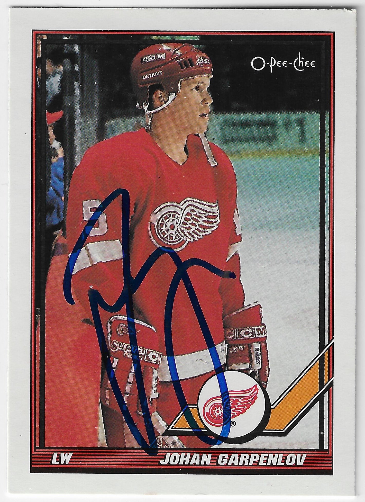 Johan Garpenlov Signed 1991-92 O-Pee-Chee Hockey Card - Detroit Red Wings