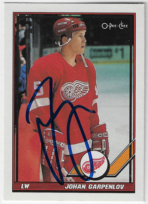 Johan Garpenlov Signed 1991-92 O-Pee-Chee Hockey Card - Detroit Red Wings