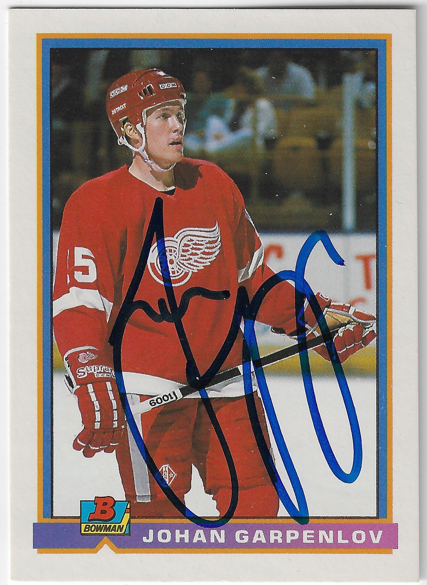 Johan Garpenlov Signed 1991-92 Bowman Hockey Card - Detroit Red Wings