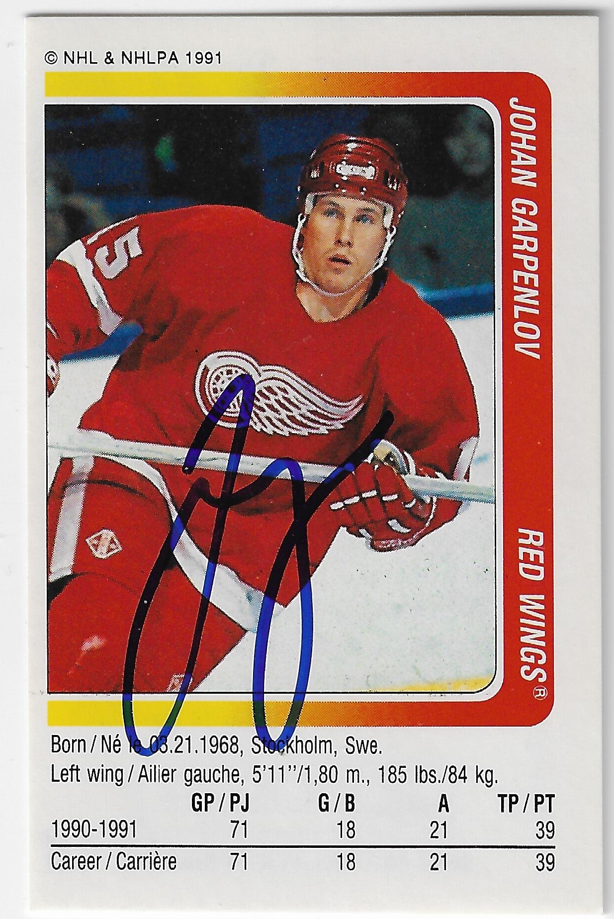 Johan Garpenlov Signed 1991-92 Panini Stickers Hockey Card - Detroit Red Wings