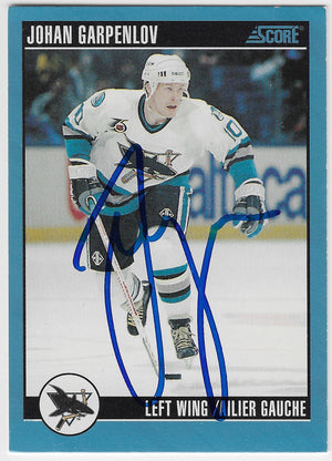 Johan Garpenlov Signed 1992-93 Score Canadian Hockey Card - San Jose Sharks