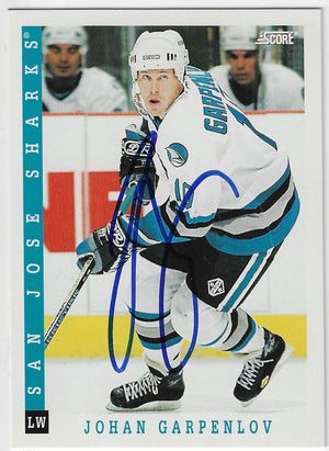 Johan Garpenlov Signed 1993-94 Score Canadian Hockey Card - San Jose Sharks