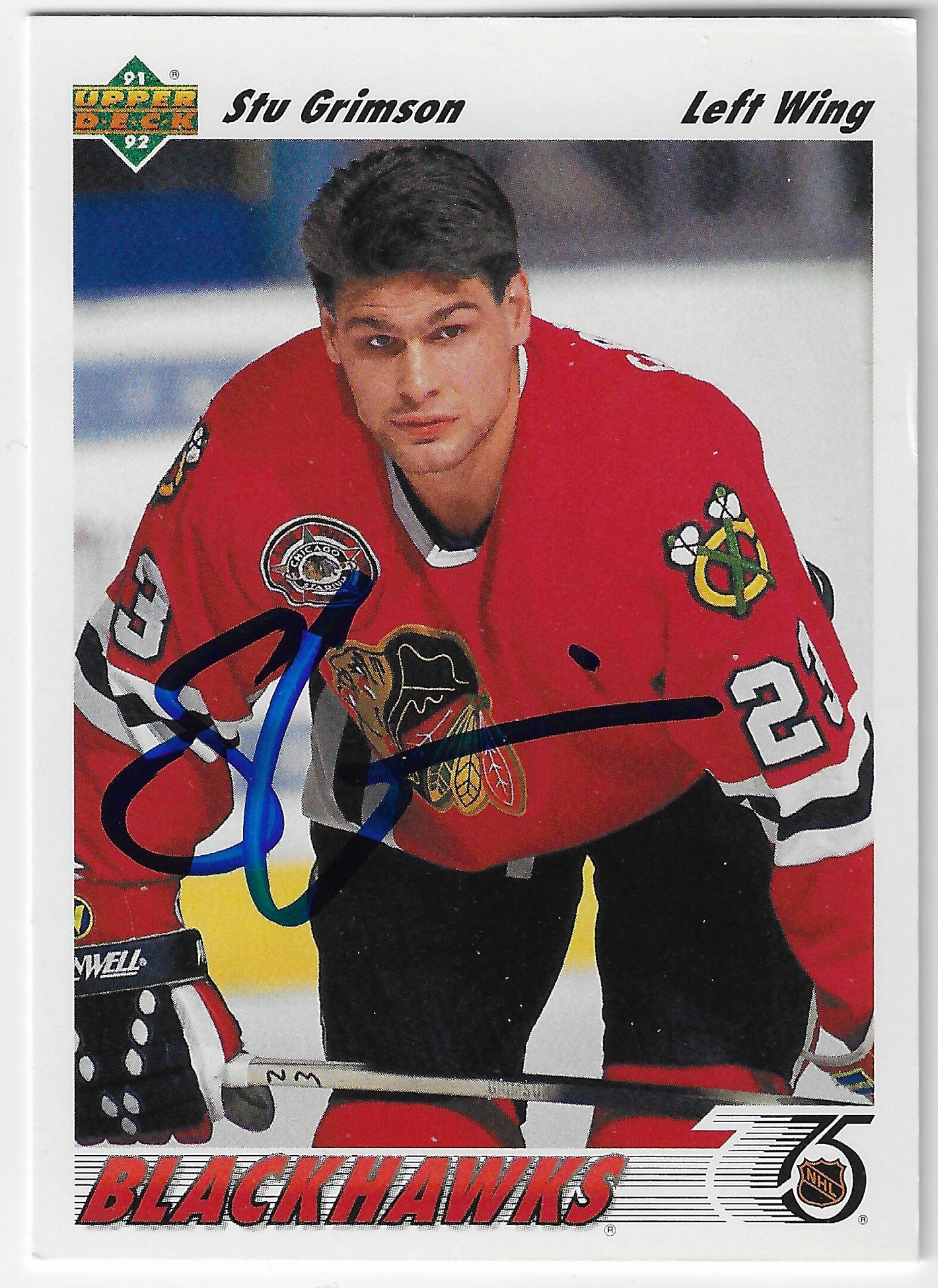 Stu Grimson Signed 1991-92 Upper Deck Hockey Card - Chicago Blackhawks
