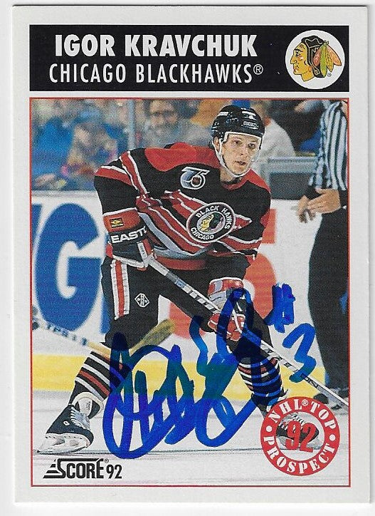 Igor Kravchuk Signed 1992-93 Score Hockey Card - Chicago Blackhawks