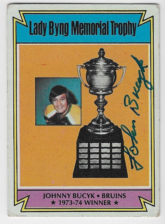 John Bucyk Signed 1974-75 Topps Lady Byng Trophy Hockey Card - Boston Bruins