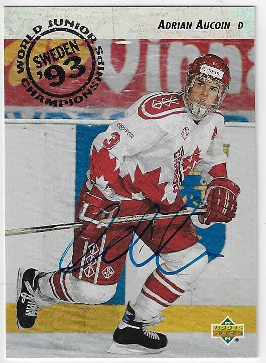 Carte de hockey Upper Deck 1992-93 signée par Adrian Aucoin - Équipe Canada