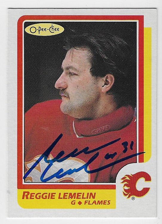 Rejean (Reggie) Lemelin Signed 1986-87 O-Pee-Chee Hockey Card - Calgary Flames