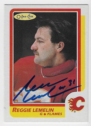 Rejean (Reggie) Lemelin Signed 1986-87 O-Pee-Chee Hockey Card - Calgary Flames