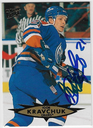 Carte de hockey Fleer Ultra 1995-96 signée par Igor Kravchuk - Oilers d'Edmonton