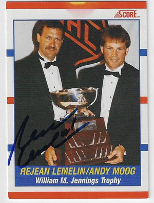Rejean (Reggie) Lemelin Signed 1990-91 Score Jennings Trophy Hockey Card - Boston Bruins