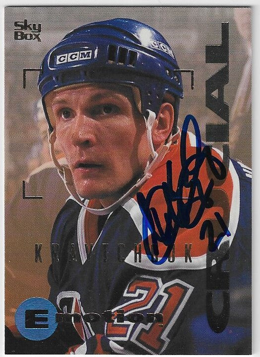 Carte de hockey Skybox E-Motion signée par Igor Kravchuk (Edmonton Oilers), saison 1995-1996