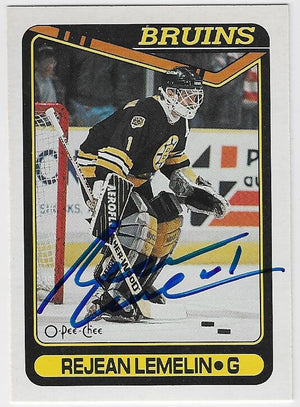 Rejean (Reggie) Lemelin Signed 1990-91 O-Pee-Chee Hockey Card - Boston Bruins