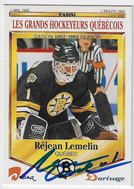 Rejean (Reggie) Lemelin Signed 1992-93 Panini Diana Durivage Hockey Card - Boston Bruins