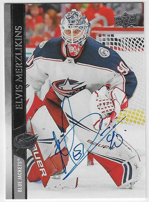 Elvis Merzlikins Signed 2020-21 Upper Deck Hockey Card - Columbus Blue Jackets