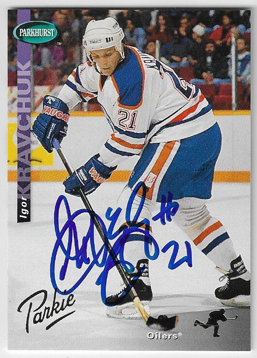Carte de hockey Parkie Gold signée par Igor Kravchuk (Edmonton Oilers), saison 1994-1995, Parkhurst SE