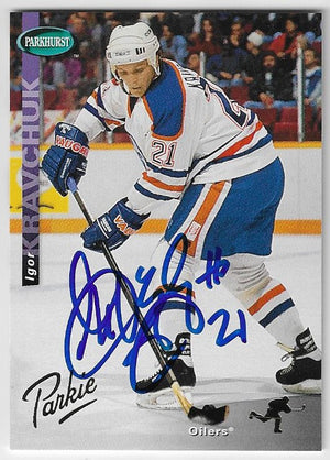 Carte de hockey Parkie Gold signée par Igor Kravchuk (Edmonton Oilers), saison 1994-1995, Parkhurst SE
