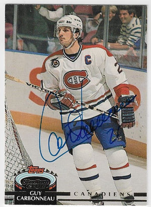 Guy Carbonneau Signed 1992-93 Topps Stadium Club Hockey Card - Montreal Canadiens